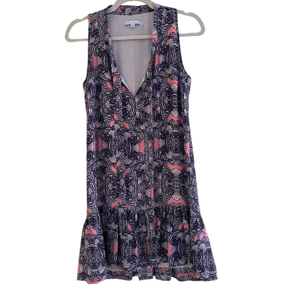 Amanda Uprichard Coral/Tan/Blue Silk Sleeveless Ruffle Hem Dress P